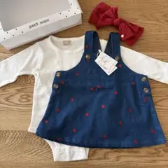 新品未使用Petit main ハート柄デニムワンピース　ロンパース ヘアバンド