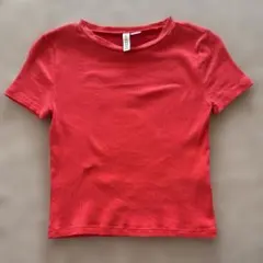 H&M 赤系　リブ編み半袖Tシャツ　丈短い　ヘソ出し