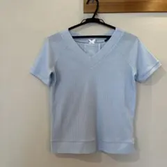 水色 Vネック 半袖Tシャツ 後ろリボン付き