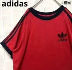 アディダス リンガーネックＴシャツ L レッド トレフォイル 半袖 3ライン