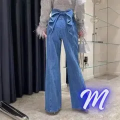 デニムパンツ　M リボン付き　ヨーロピアンパンツ　ハイウエスト　脚長効果