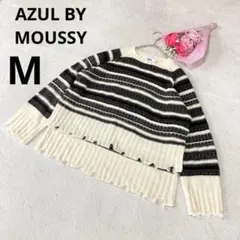 ★ アズールバイマウジー ダメージボーダー柄ニット長袖 ホワイト ブラック M