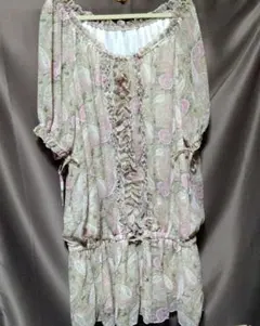 4L　ペイズリー柄　ギャザーフリル　チュニック 半袖　大きいサイズ　ピンク