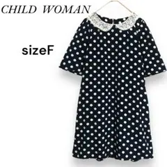 CHILD WOMAN チャイルドウーマン　ワンピース　ネイビー　ドット柄　半袖