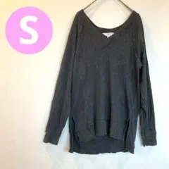 海外古着 Vネック リブロンT 長袖 S グレー系