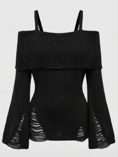 オフショルダー ニット ダメージ ブラック