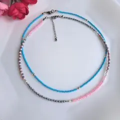 No.423　ビーズネックレス　ハンドメイド　2点セット ターコイズ色　ピンク