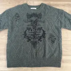 【即日発送】ダメージロゴニットセーター　カーキ　Lサイズ