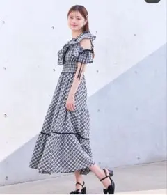 An MILLE フリル　ワンピース　白黒チェック柄 ロングワンピ　アンミール