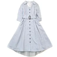 アンドクチュール　バックプリーツシャツワンピース　ストライプ　ブルーグレー　M