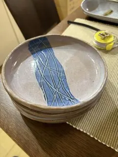 青と紫のストライプデザイン皿3x2枚セット