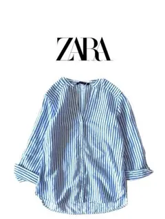 ZARA ザラ リネン ストライプシャツ L ブルー