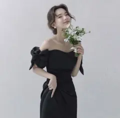 前撮りドレス　オフショル　黒　カラードレス　ブラック　結婚式　二次会　披露宴　M