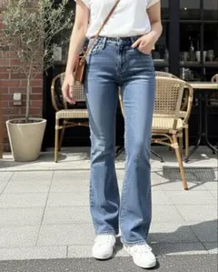 GU フレアデニムパンツ S ブルー ハイウエスト 美脚 ジーンズ