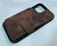 iPhone14/13 用 ケース カード入れ 背面手帳型 PUレザー 茶色