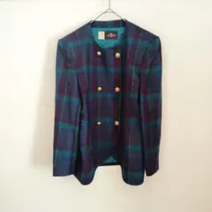 毛100% ターコイズ ダブルボタン チェックノーカラー ジャケット 秋 冬