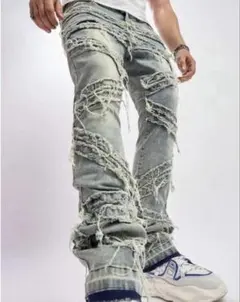 ダメージ加工ブーツカットデニム・ライトブルー