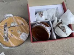 【未使用】フクロウ柄土瓶セット（湯呑 茶托 お盆）和食器 5客セット