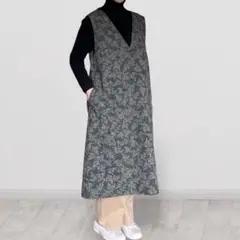 シルクウール紬 ジャンパースカート グリーン系 葉柄｜着物リメイク