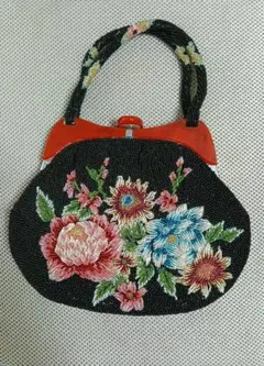 和装バッグ ビーズバッグ がま口 手刺繍 花柄 ヴィンテージ 昭和レトロ