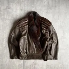 【80s vintage】リアルファー　レザーブルゾン　本革　短丈　y2k 古着