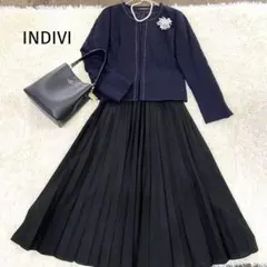 美品✨インディヴィ 綺麗系ママスーツ Lノーカラーツイード×ロングスカート