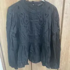 ZARA ロマンティック 刺繍 ブラウス ブラック Lサイズ