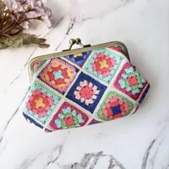 布製がま口ミニ財布　毛糸風｜花模様かぎ編みプリント・レトロ｜ハンドメイド