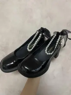 パンプス　黒　お呼ばれ　ローファー　ヒール　可愛い　ロリータ　コスプレ　太ヒール