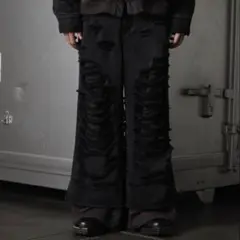 【GRANCY】スウェットドッキングデザインダメージバギーデニムパンツ　M