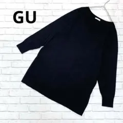 f086【ジーユー】クルーネックニット☆薄手☆丈長め☆チュニック☆M☆ブラック