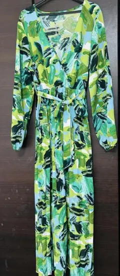 緑系抽象パターン 長袖ラップ ロングワンピース