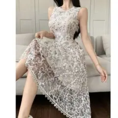 新品 美品 SHEIN 花柄ノースリーブワンピース ロング L 白 ホワイト 春