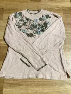 花柄刺繍 ピンク 長袖ニット