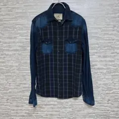 ザラマン✨ ZARA デニム　チェック 切替 スナップ 長袖シャツ M 青