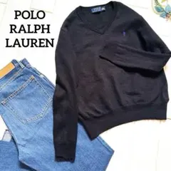 POLO ポロ　ラルフローレン ニット　セーター　黒　V字　紫ホース刺繍