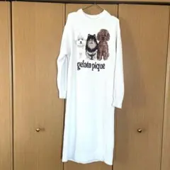 美品　ジェラートピケ パウダーDOG3柄ジャガード　ワンピース　オフホワイト