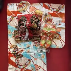 七五三 7歳女の子 フルセット きもの 青系 金プリント 花鼓 折り鶴