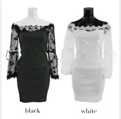 フラワーレースデザインオフショルタイトミニドレス (ブラック/Mサイズ)