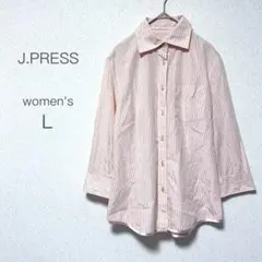 【ジェイプレス】地模様 ストライプ 裾パイピング 長袖シャツ (L) 綿100%のサムネイル