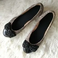 コンポジション9　ビーズリボン付きヒョウ柄フラットシューズ　23.5cm