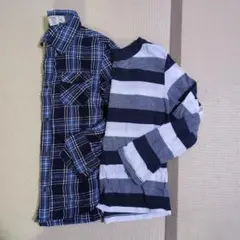 薄手　春秋 青系チェック柄長袖シャツ・ストライプ長袖Tシャツ　まとめ売り
