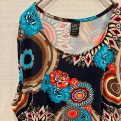 美品✨L~XLワンピース 総柄 花柄 幾何学 ポケット ゆったり ストレッチ