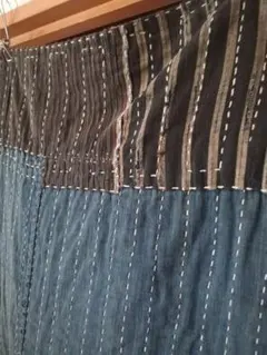 浅葱色の藍染×縞木綿の総刺し子敷物　襤褸　aizome boro sashiko