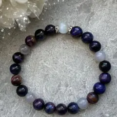 天然石ギャラクシータイガーアイストーンハンドメイドビーズブレスレット 紫茶白色
