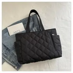 トートバッグ　キルティング　ナイロン　軽量　大容量　カジュアル　黒
