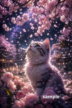 桜と猫 幻想アート A4プリント AIイラスト