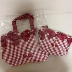 チェリー刺繍ギンガムリボントートバッグ&ポーチ