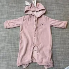 ウサギ耳付きフードロンパース ピンク