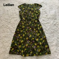 【極美品】 レリアン フレンチ袖 花柄 ワンピース モスグリーン 9号